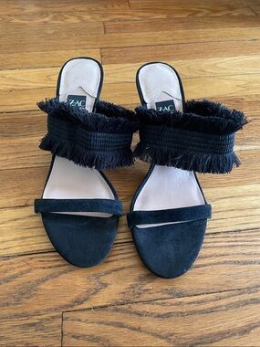 ZAC Zac Posen Black Fringe Suede Slide Mules